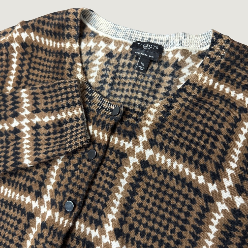 Talbots Petites Merino Wool Plaid Houndstooth Cardigan Brown Black MP